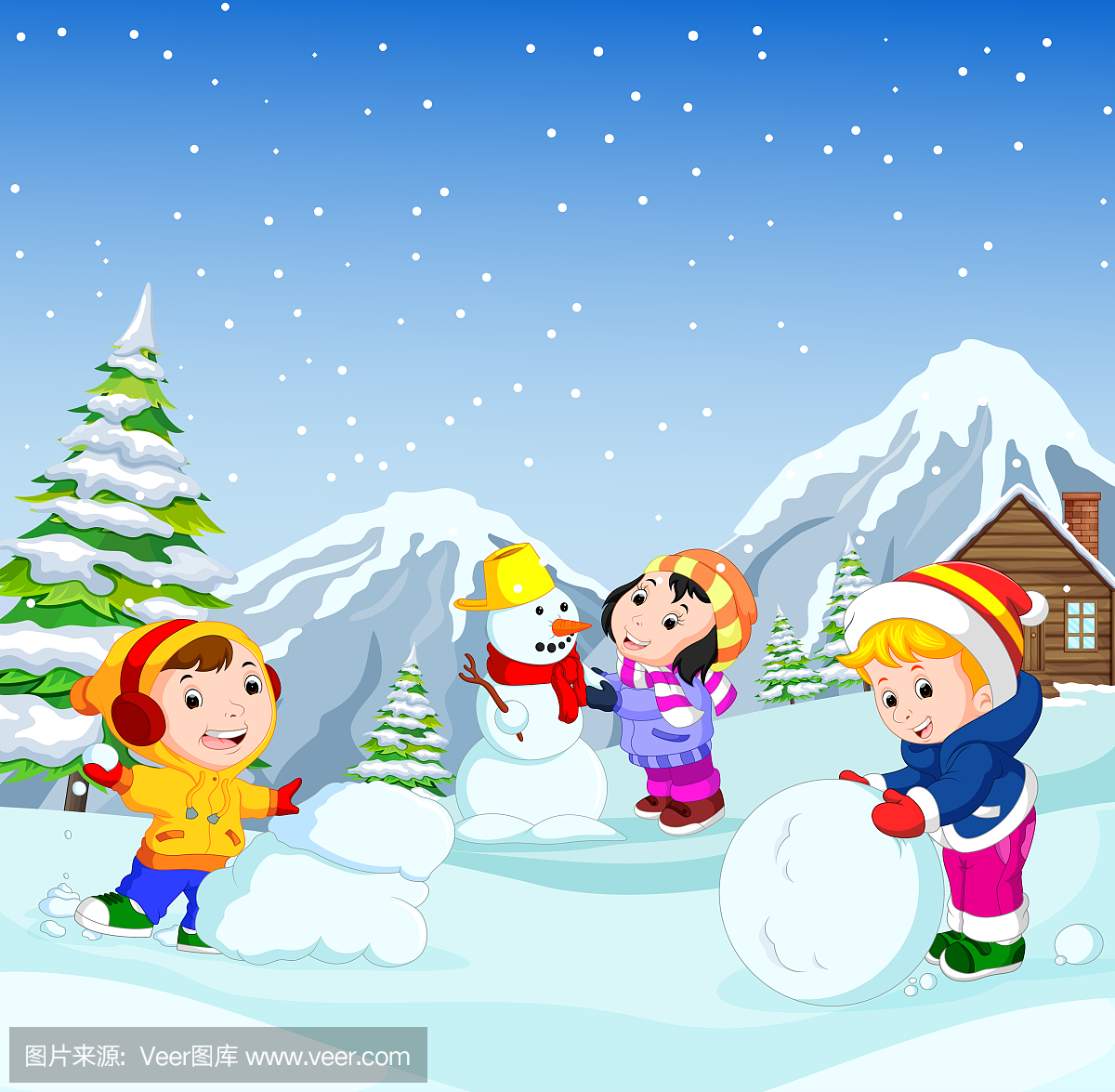 在冬天,孩子们非常高兴地在雪地里玩耍