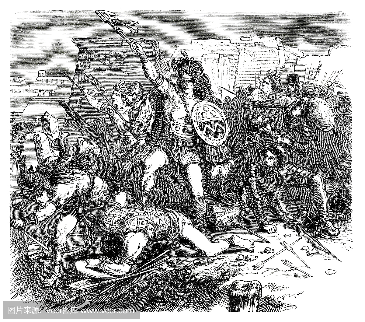 阿兹特克人和西班牙人在一场战斗雕刻1870年