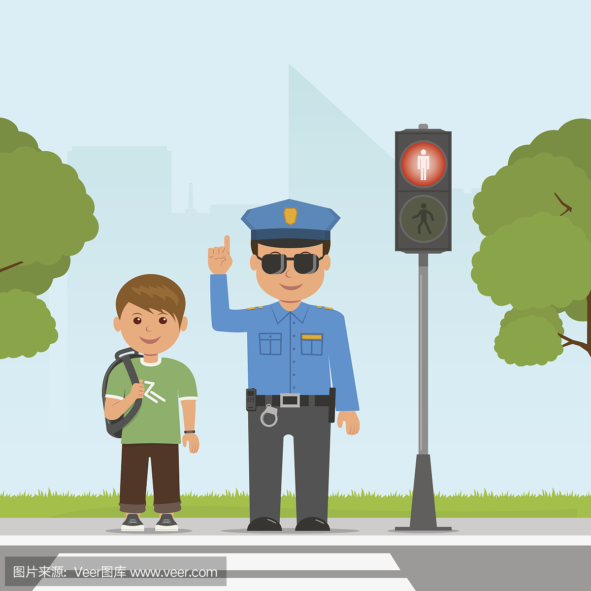 警察显示并解释学生的公路代码。行人交通灯。