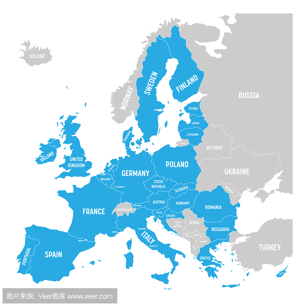欧洲政治地图,蓝色突出显示28欧盟,欧盟,成员国
