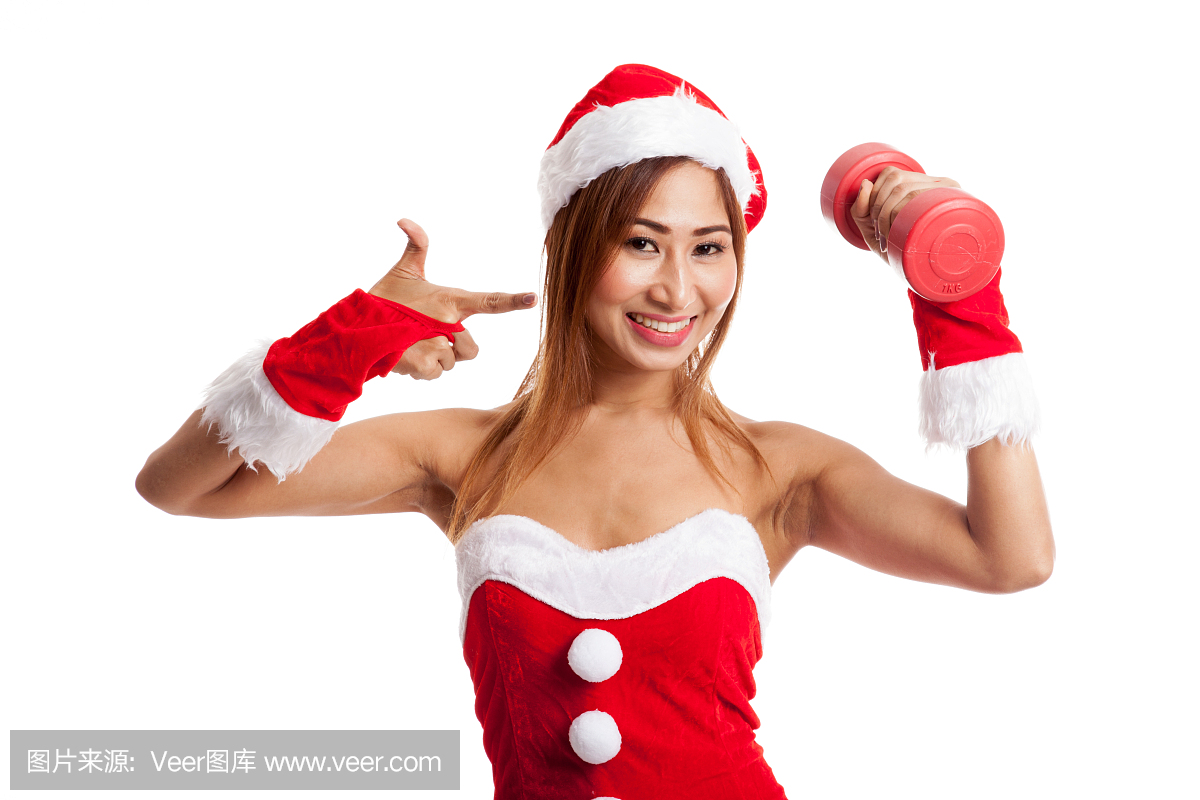 亚洲女孩与圣诞老人的衣服指向红色的哑铃