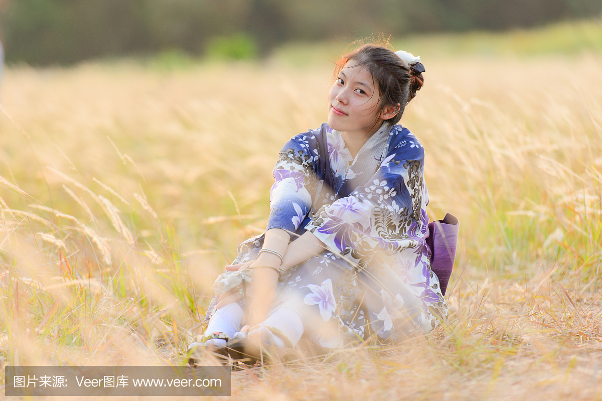 传统服饰的日本女孩在草甸叫做和服