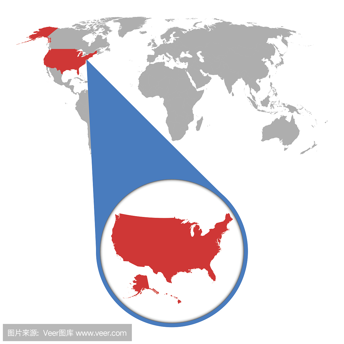 世界地图缩放美国。美国地图放大镜。矢量图平