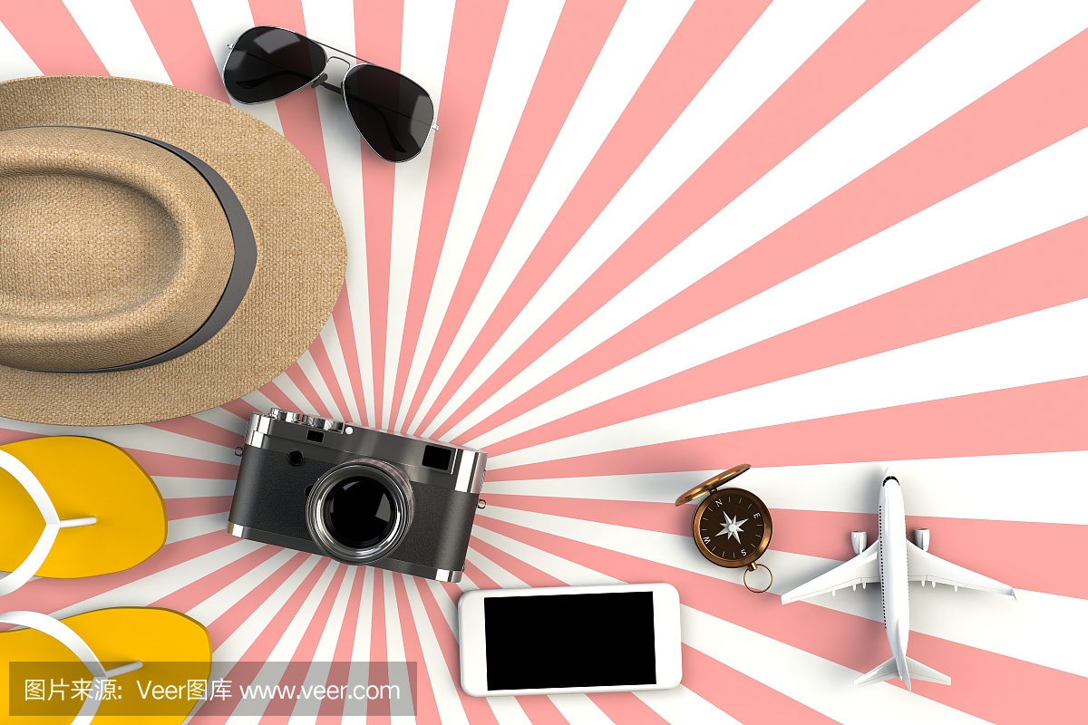 旅行者的配件顶视图上条纹红色背景,基本度假