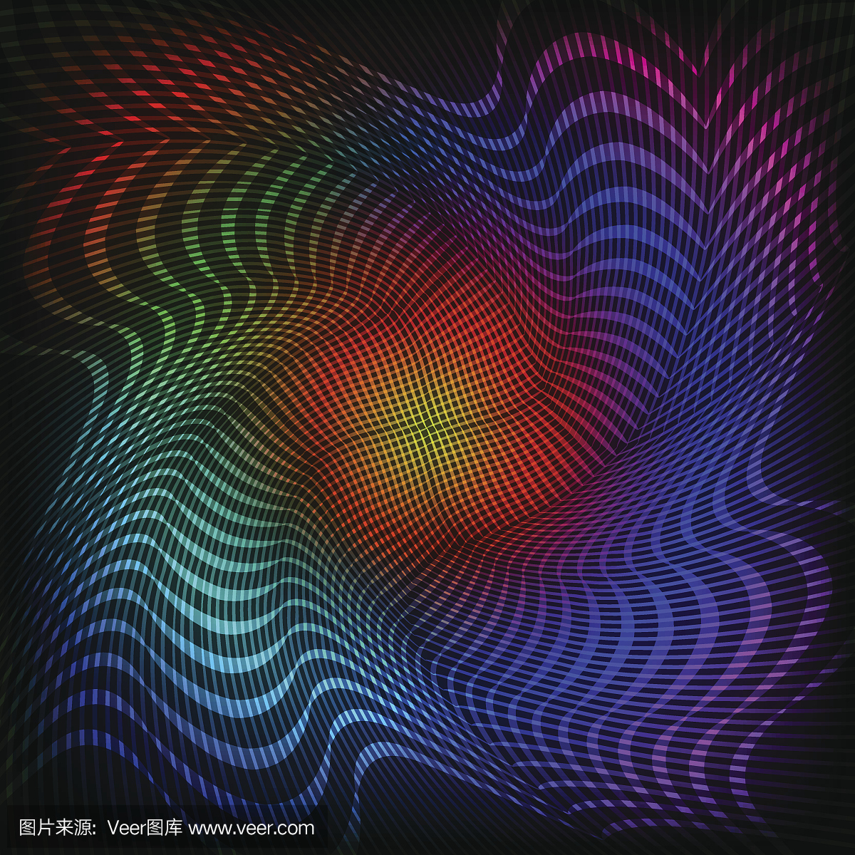 抽象彩虹波浪条纹在黑暗的背景。矢量图。