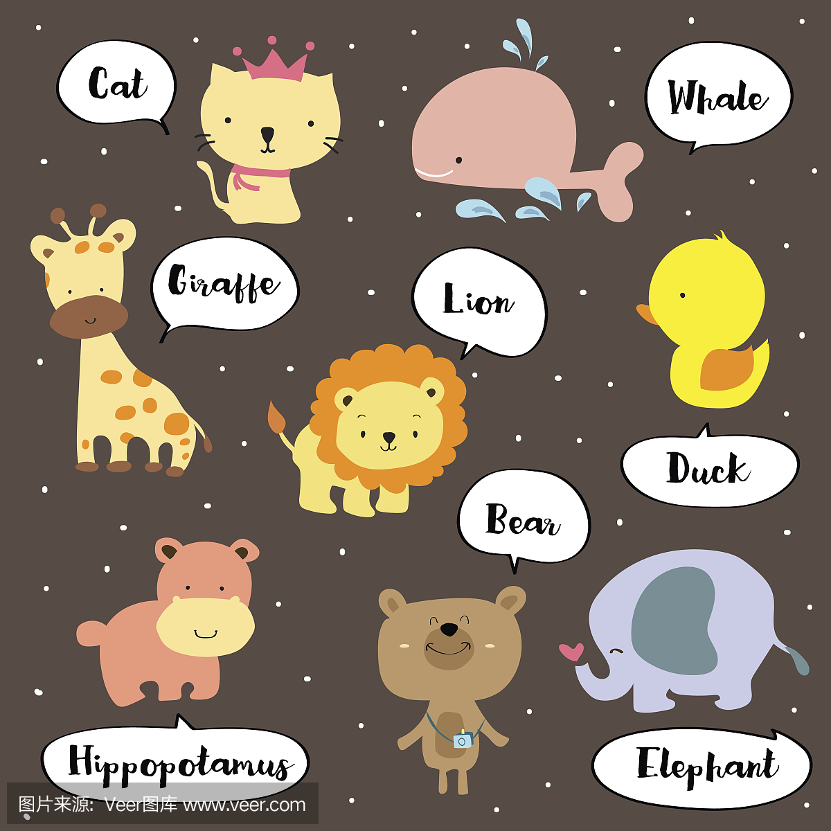 可爱的词汇与猫,长颈鹿,河马,熊,狮子,鲸鱼,大象