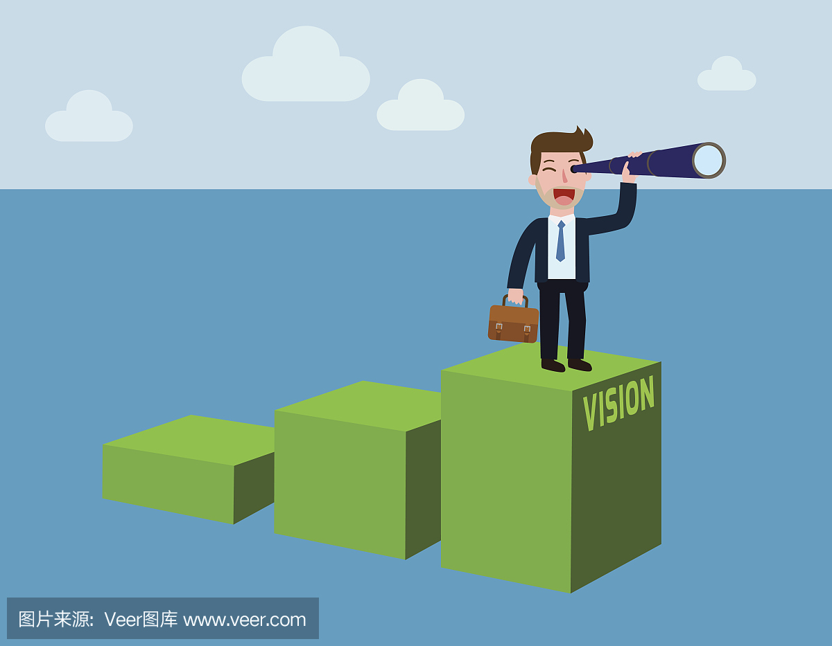 望远镜寻求成功的商人。站在一张图上。视觉金