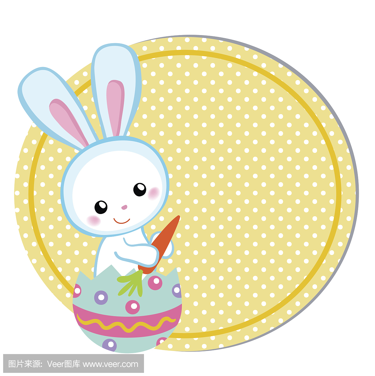 复活节快乐。可爱的复活节兔子坐在蛋。