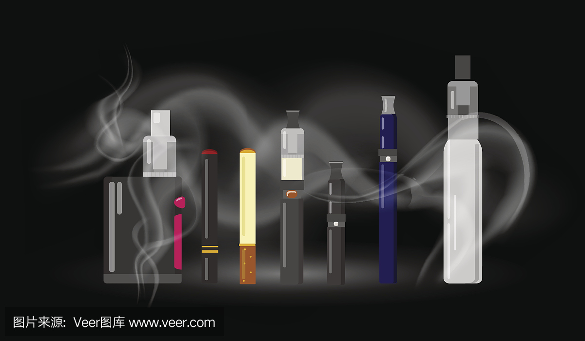 一组不同的电子香烟和电子烟,电子香烟的电子