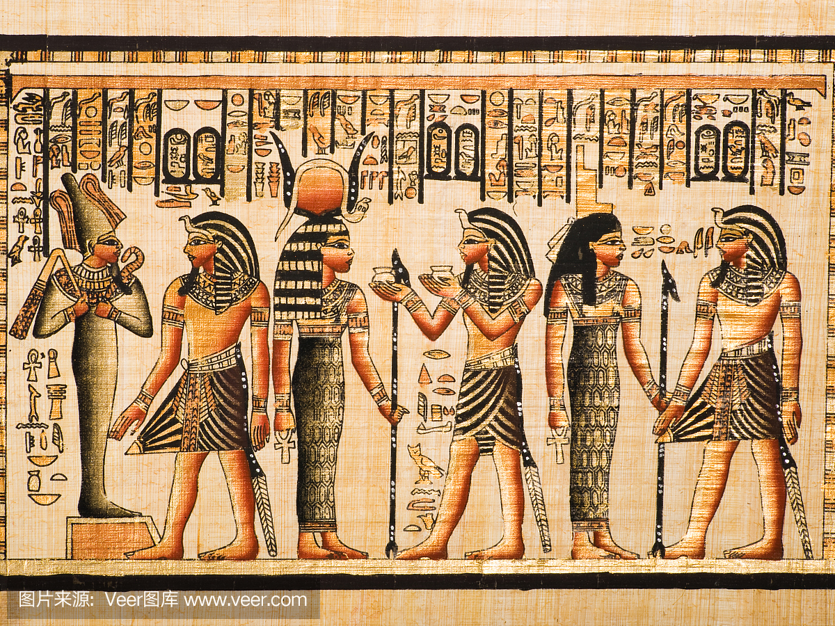 图坦卡门,奥西里斯,哈托尔和伊西斯在埃及纸莎