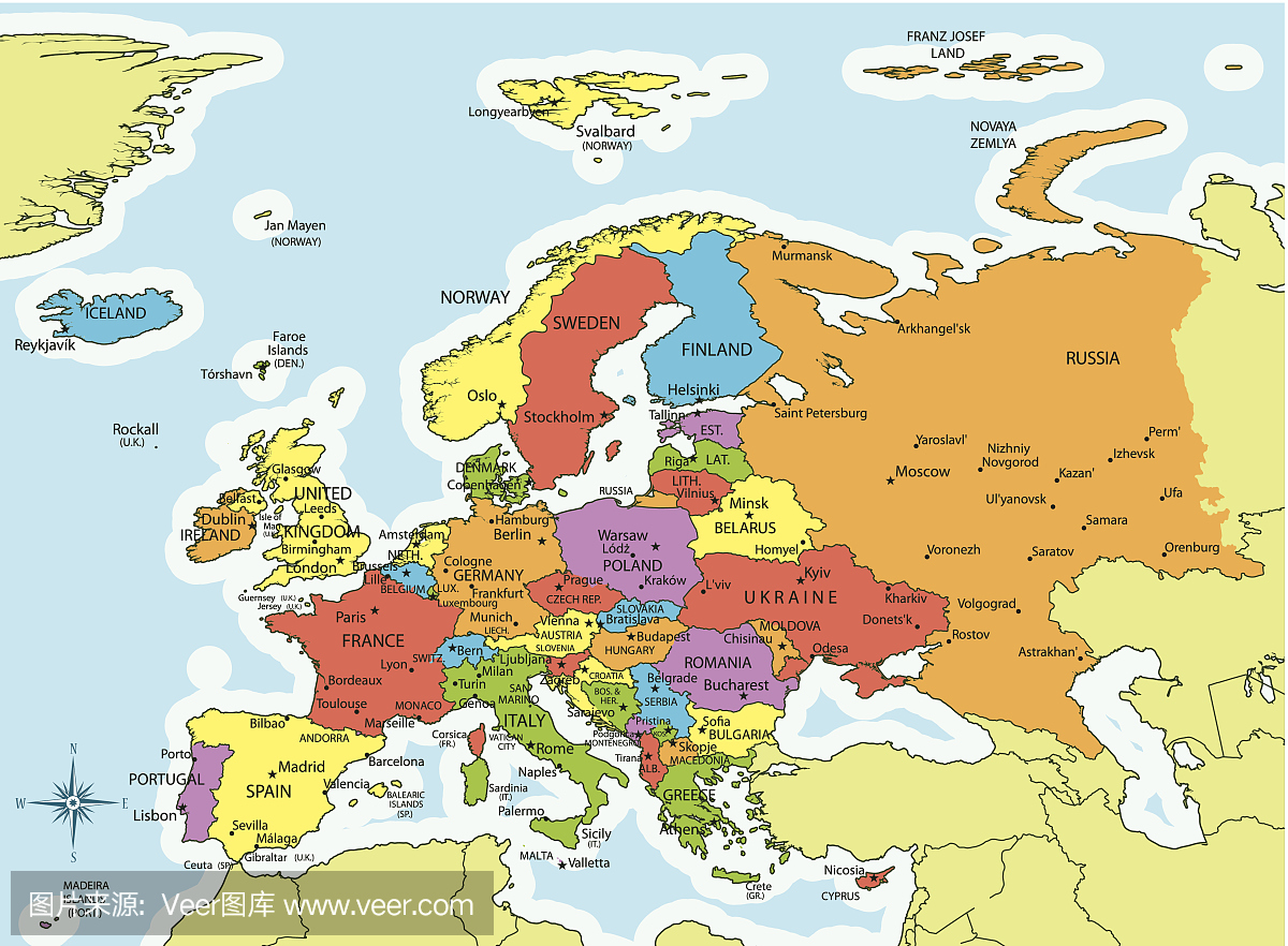 欧洲地图国家和城市