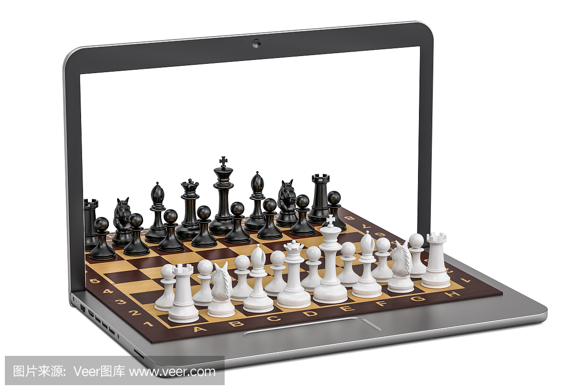玩象棋在线概念,孤立在白色背景上的3D渲染