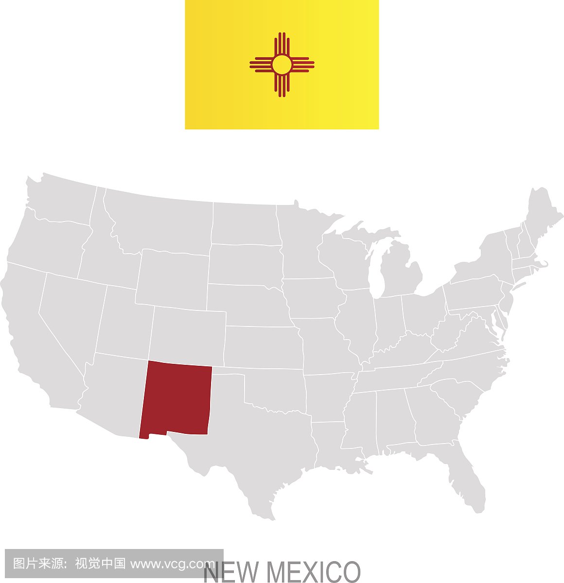 新墨西哥国旗和美国地图上的位置