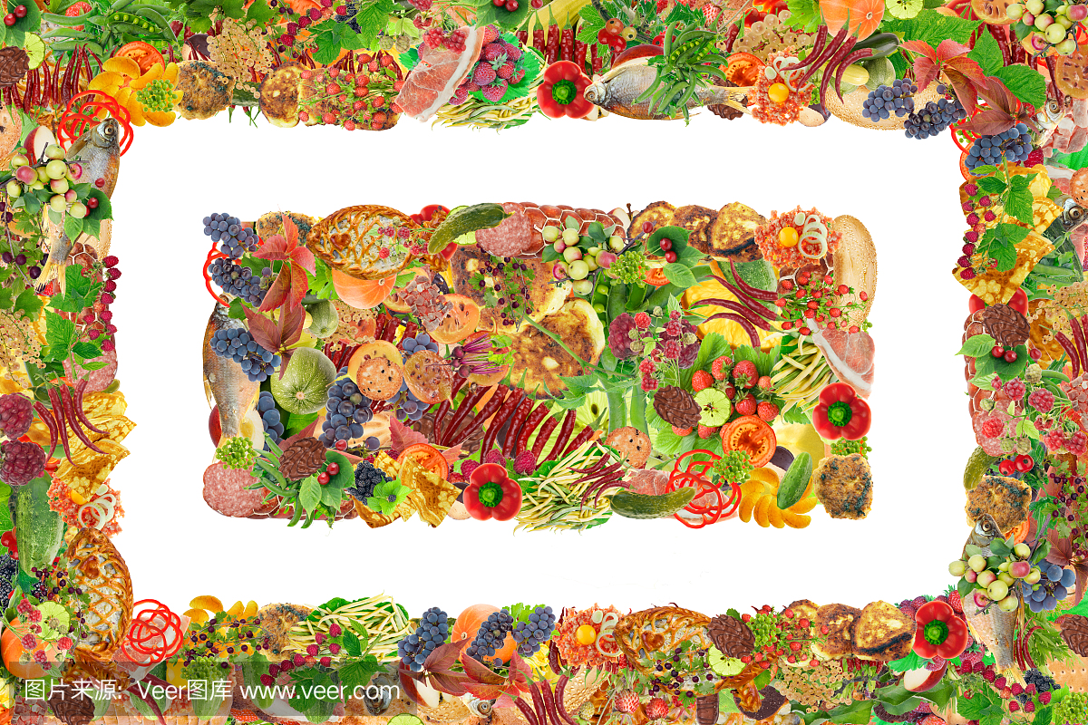 简单健康的新鲜食物 - 水果,蔬菜,糕点和肉框和