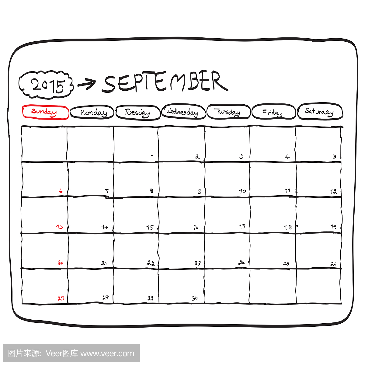 2015年9月计划日历,涂鸦手绘