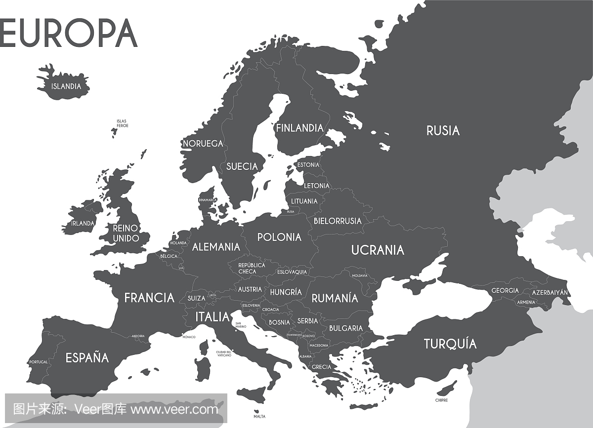 欧洲黑色和白色的政治地图。西班牙名字