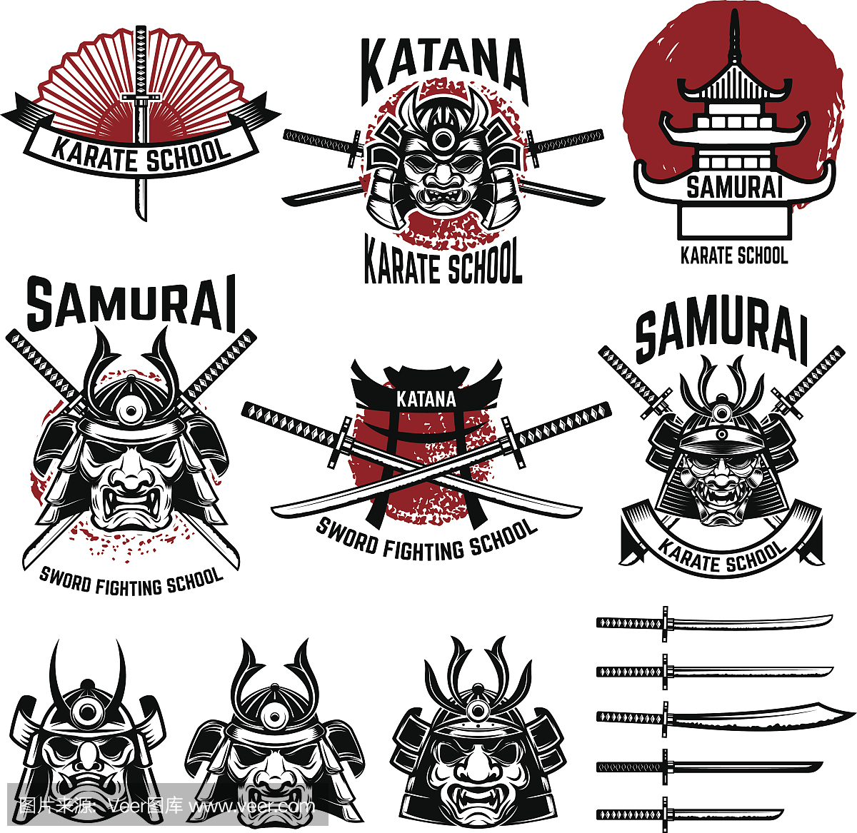 空手道学校标签。武士剑,武士面具。日本文化