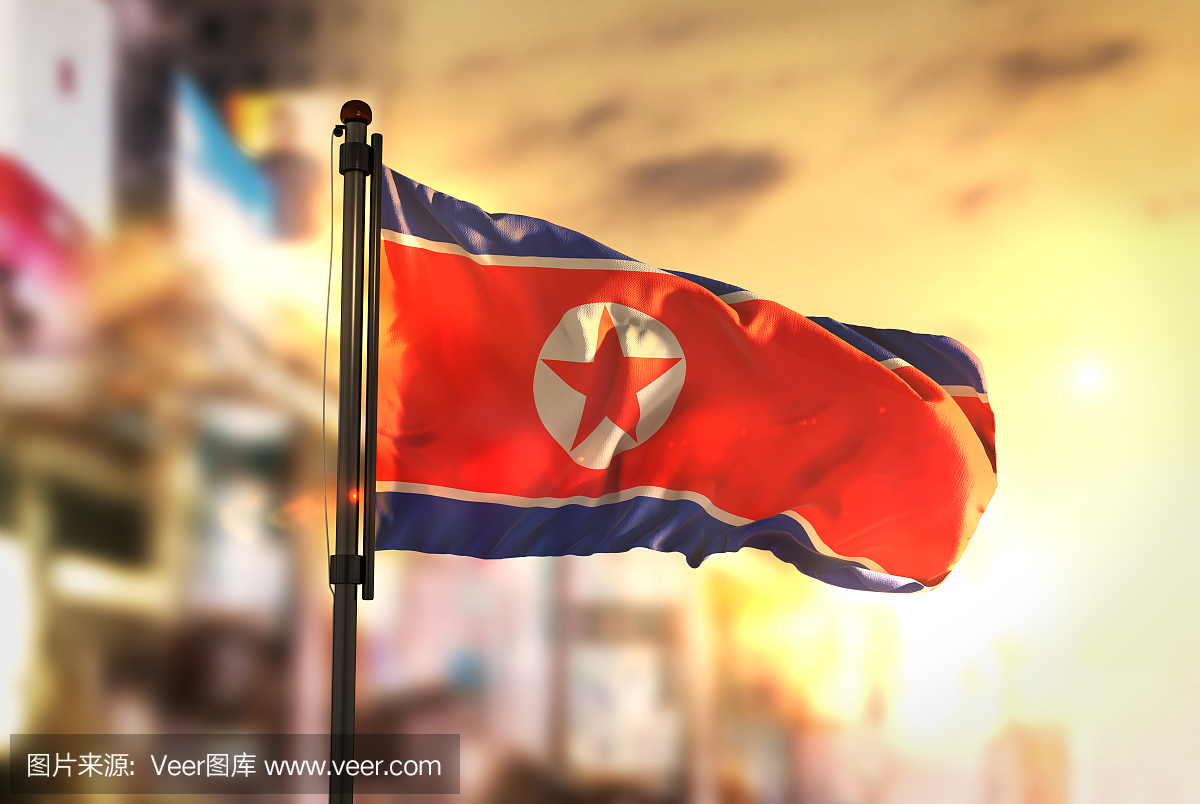 北朝鲜国旗反对城市模糊背景在日出背光