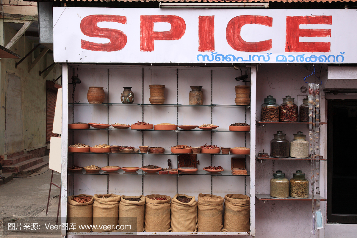 印度的印度香料和草药在犹太人镇,高知,喀拉拉