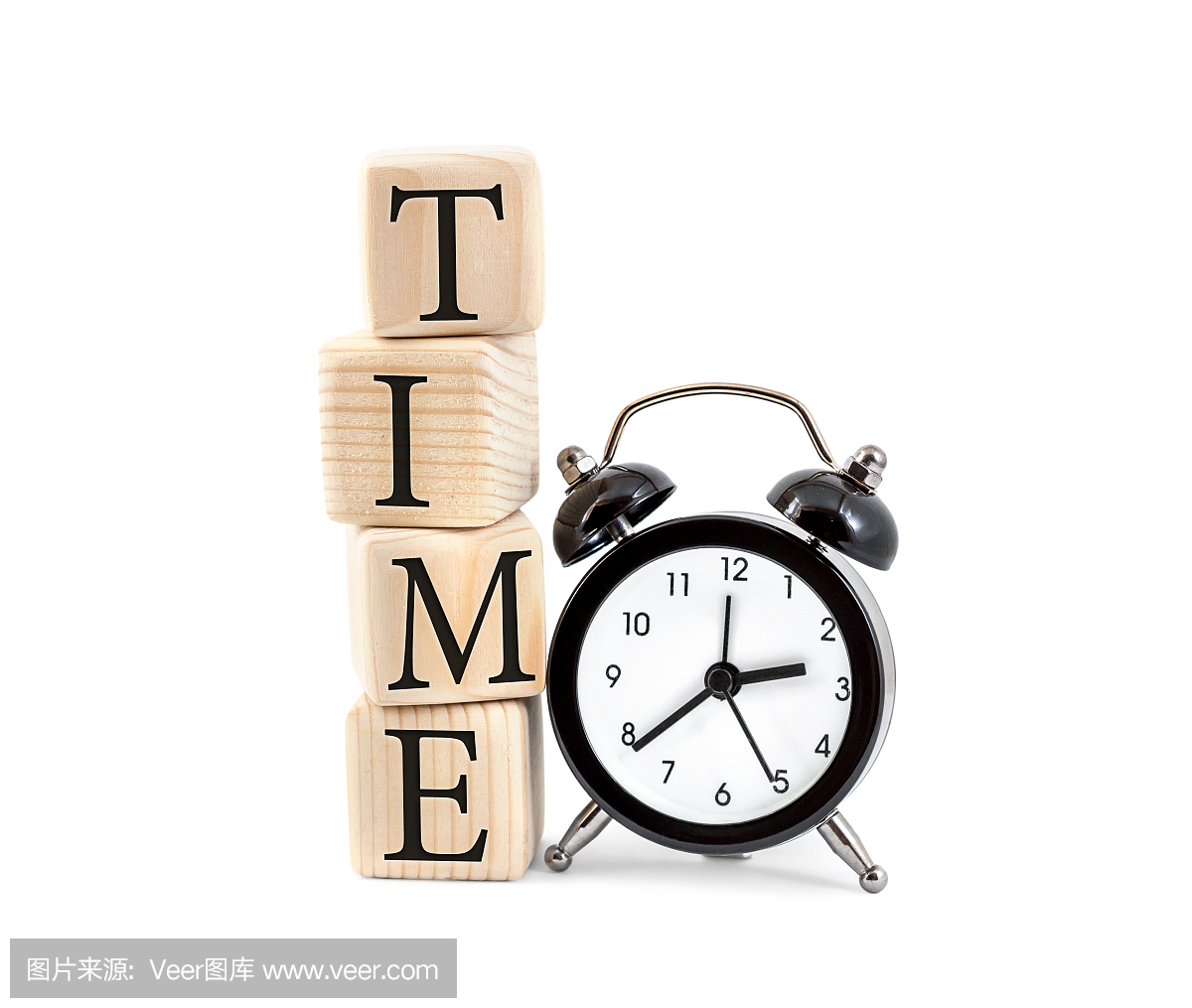 字'时间'写与时钟在白色背景上的木制多维数据