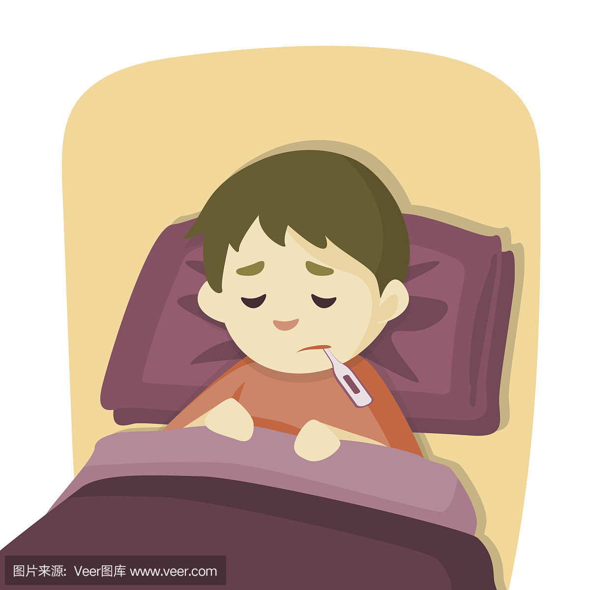 生病的小男孩躺在床上发烧,矢量卡通