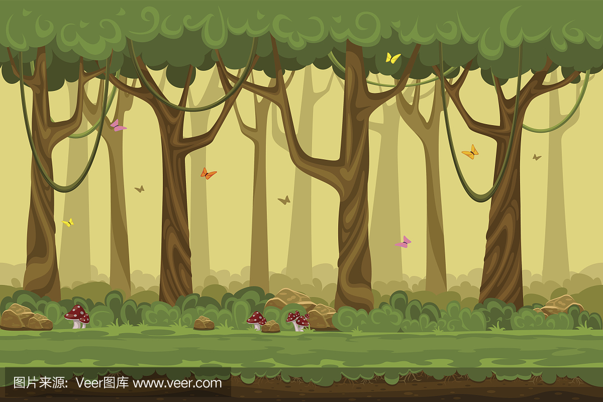 卡通森林景观,无限的矢量自然背景的电脑游戏