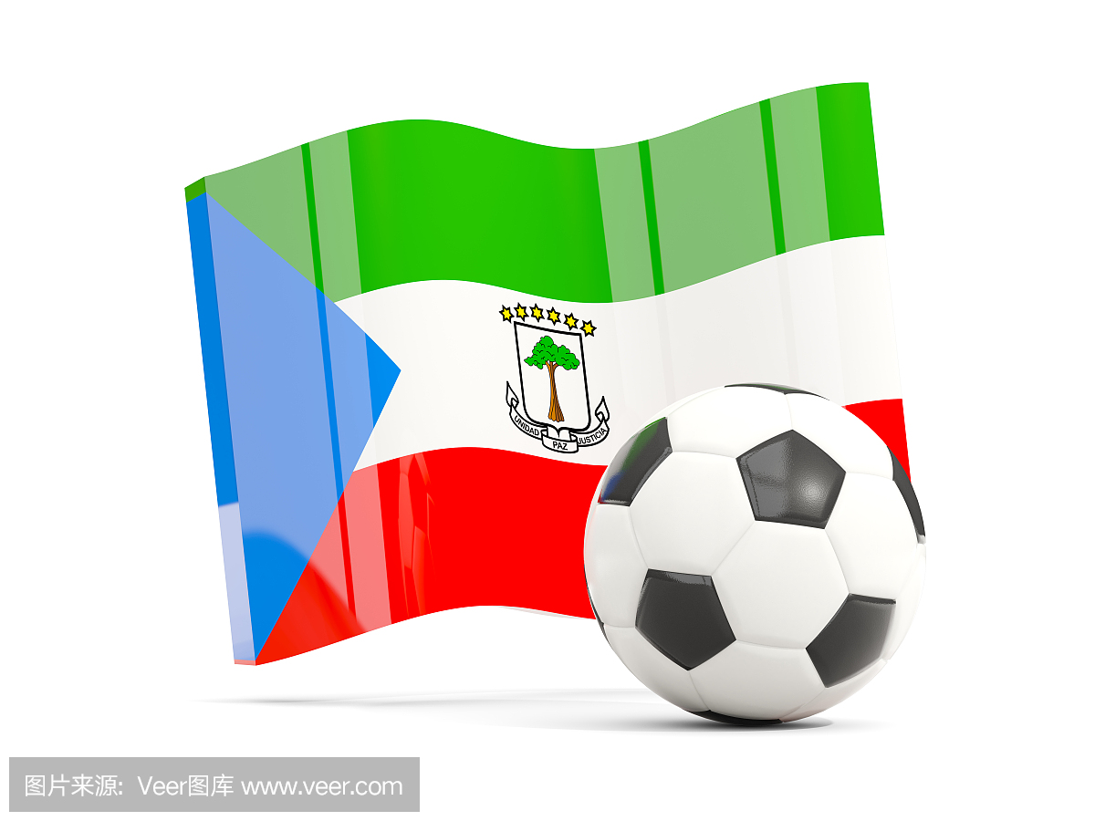 在白色孤立的赤道几内亚挥舞旗子的足球