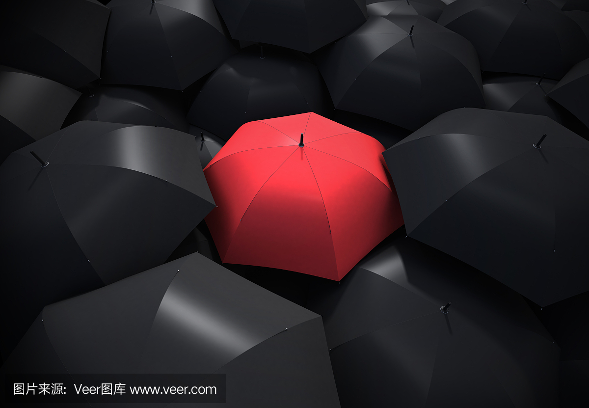 红伞从黑色的雨伞背景中站出来