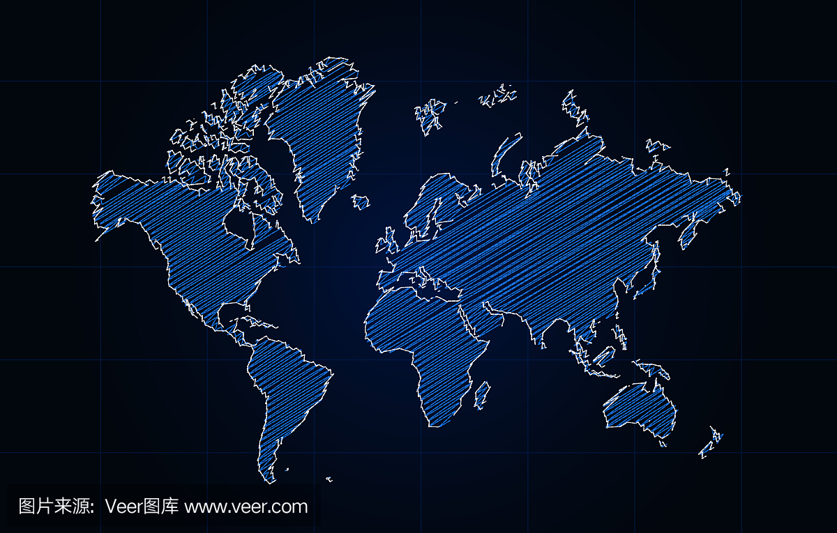 在蓝色背景的世界地图的铅笔素描