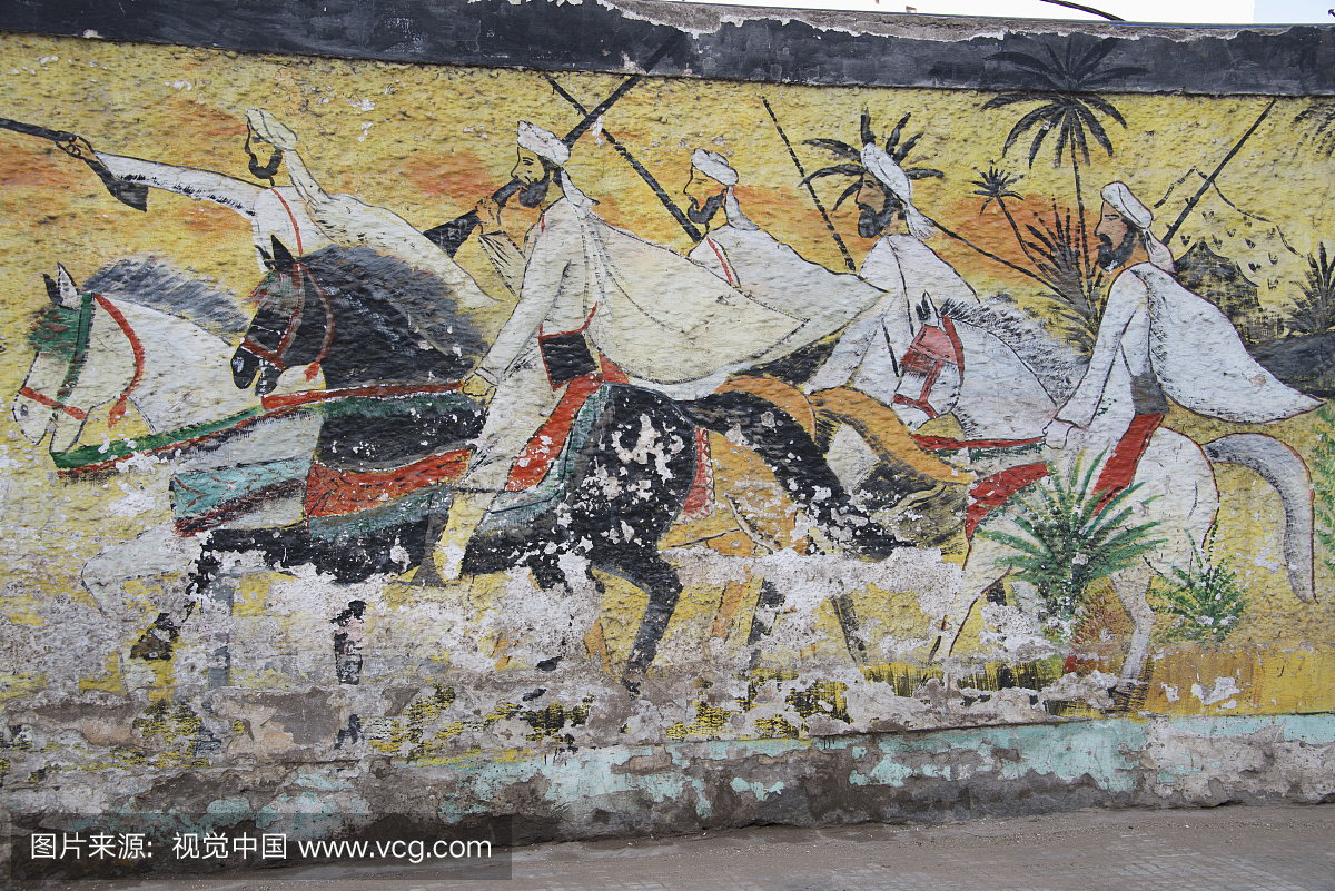 斗绘画停止在驰骋的马准备攻击;卡萨布兰卡,摩洛哥