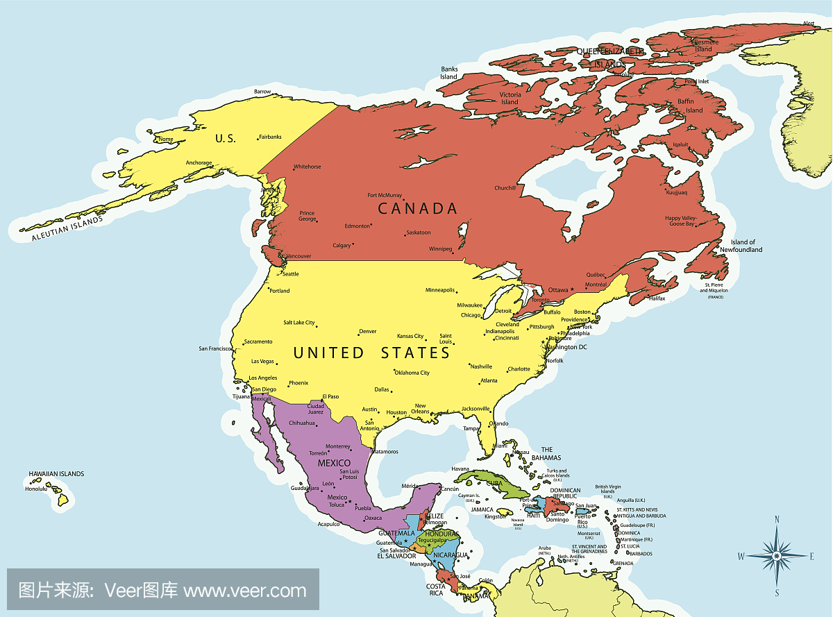 北美地图国家和城市