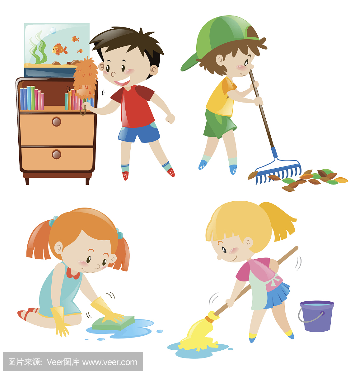 四个孩子在家里做不同的家务