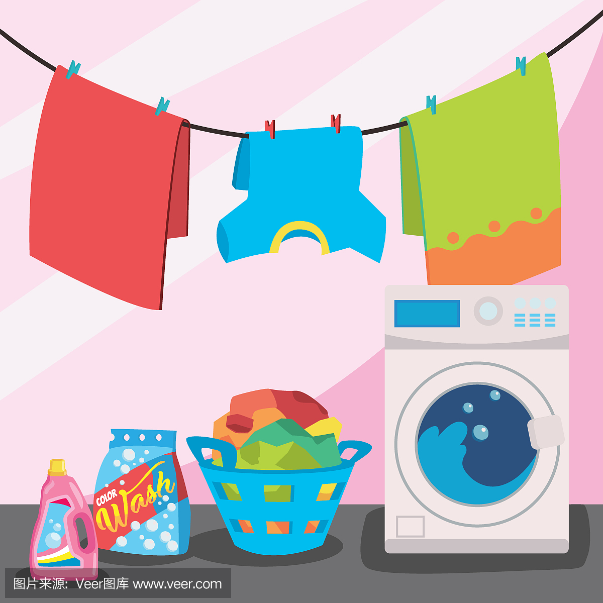 洗衣房服务矢量插图,平面卡通工作洗衣机用亚