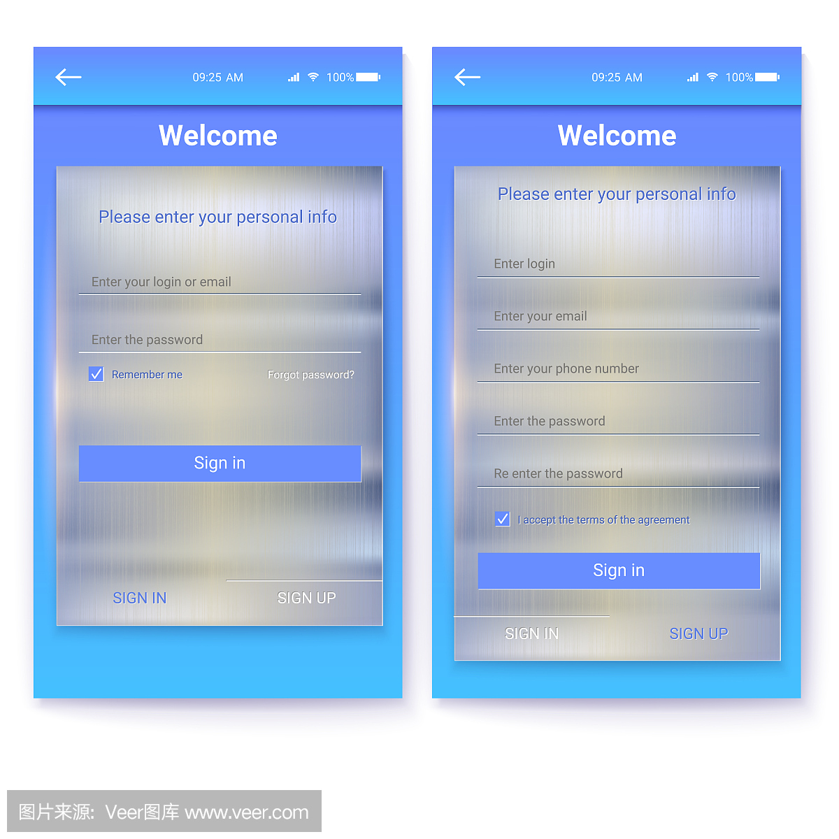 应用程序的UI有金属背景。页面的登录和注册个