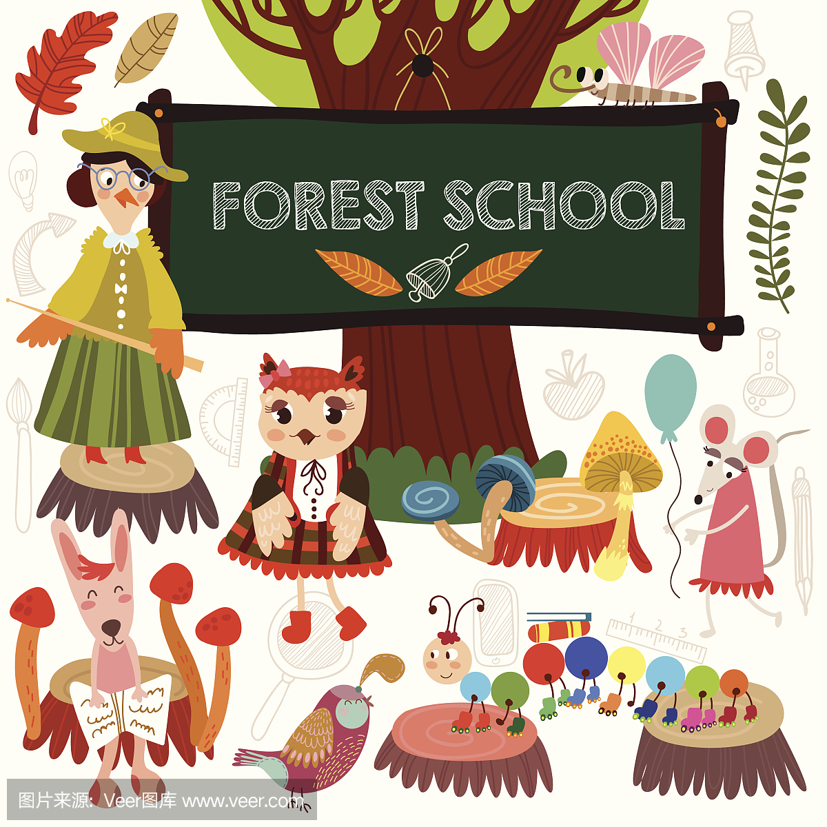 矢量集可爱的林地和森林动物在学校。
