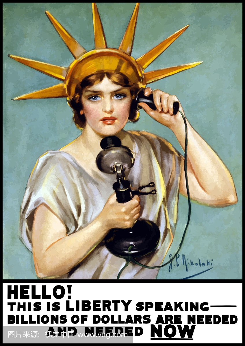 老式的第一次世界大战自由女神像在电话上说话