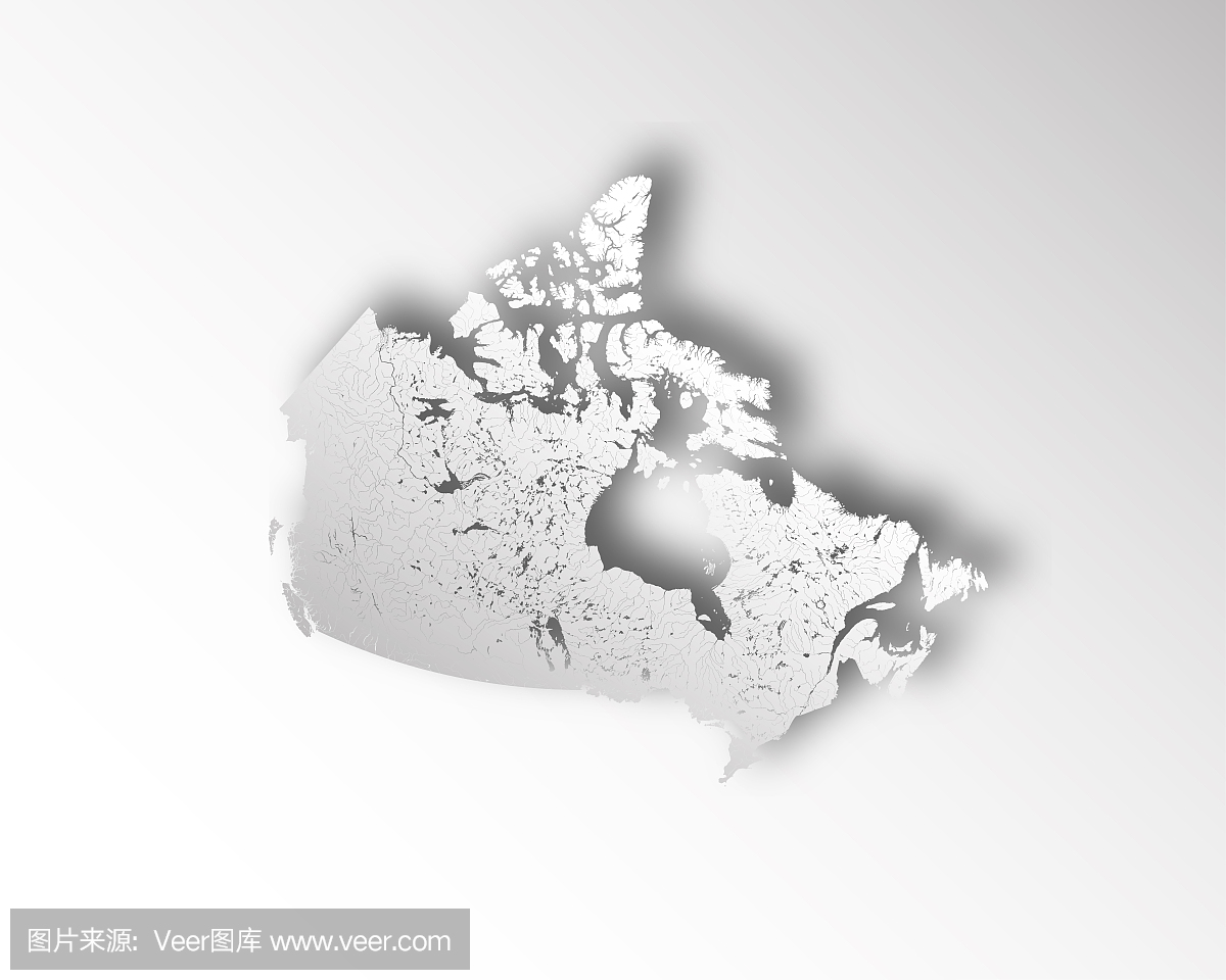 加拿大与剪纸效果的地图。显示河流和湖泊。