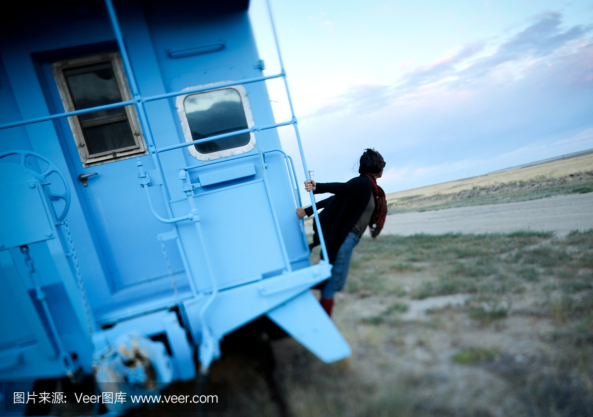 美丽的黑头发的女人在火车上