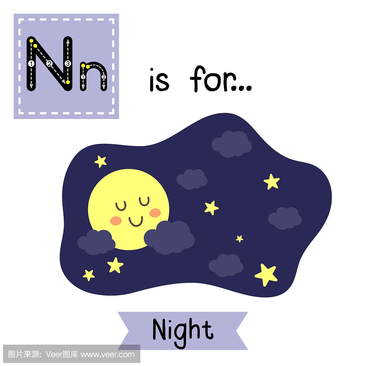 Letter N tracing. Night