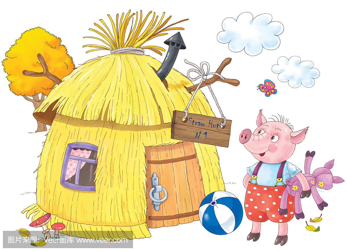 三只小猪童话。插图为孩子。着色页。可爱和有趣的卡通人物