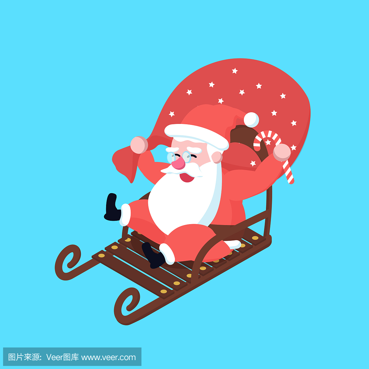可爱快乐快速骑雪橇卡通圣诞老人。圣诞