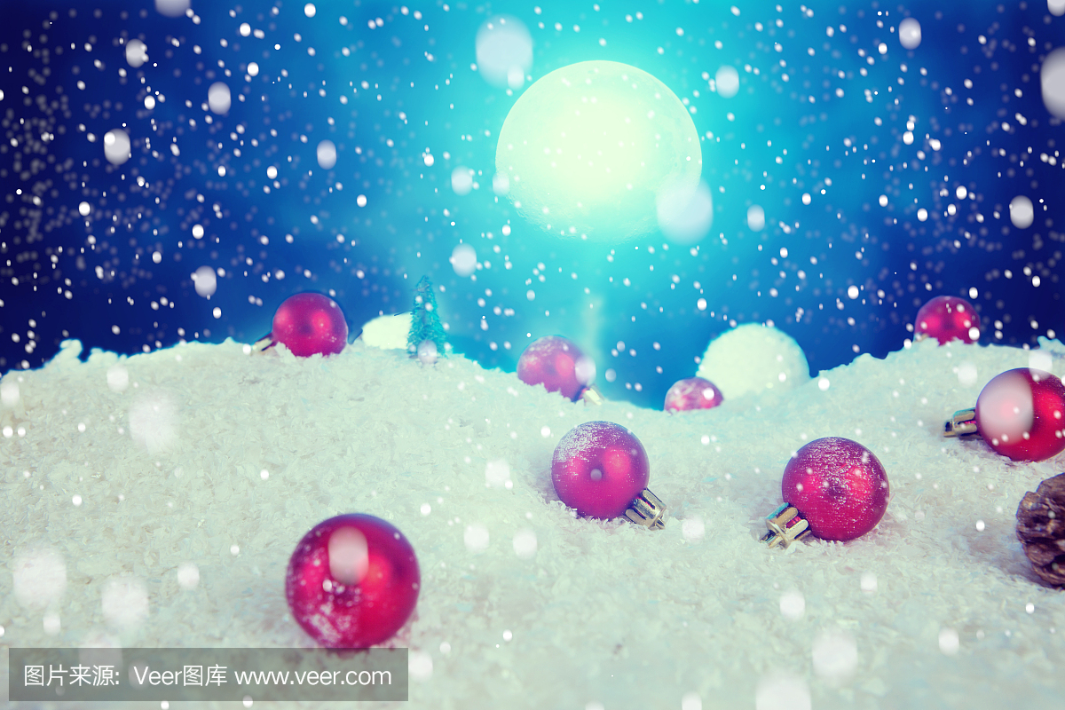 圣诞假期在枞树,夜晚的天空和月亮的雪上的小
