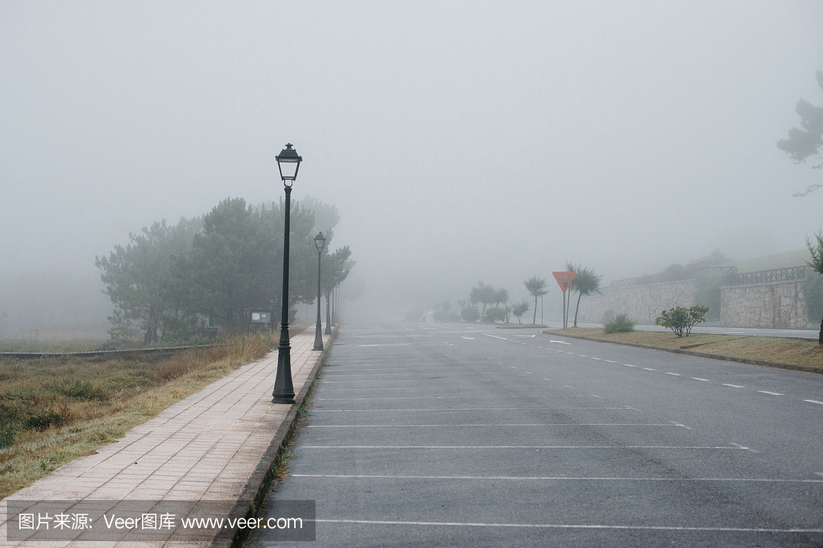 空的空间户外沥青停车场在有雾的早晨
