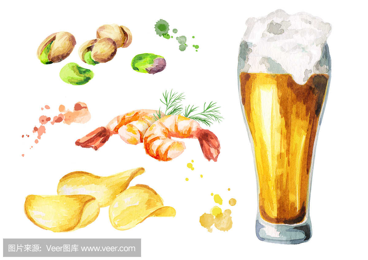 啤酒和小吃设置。水彩