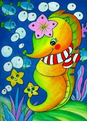 海底世界水彩画:漂亮的海马-儿童画-37kb