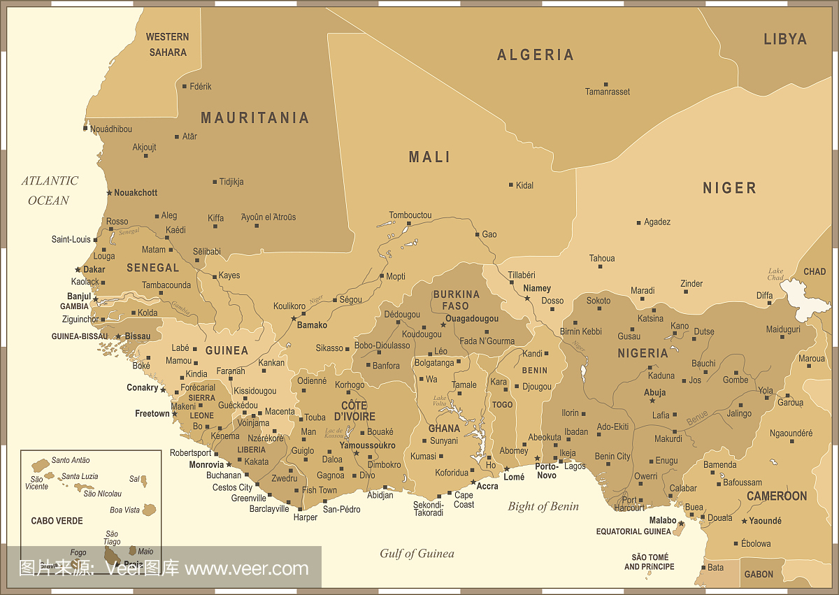 西非地图 - 葡萄酒矢量图