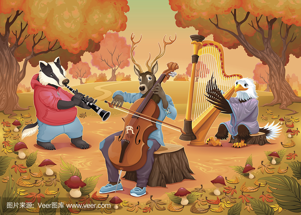 音乐家的动物在木头