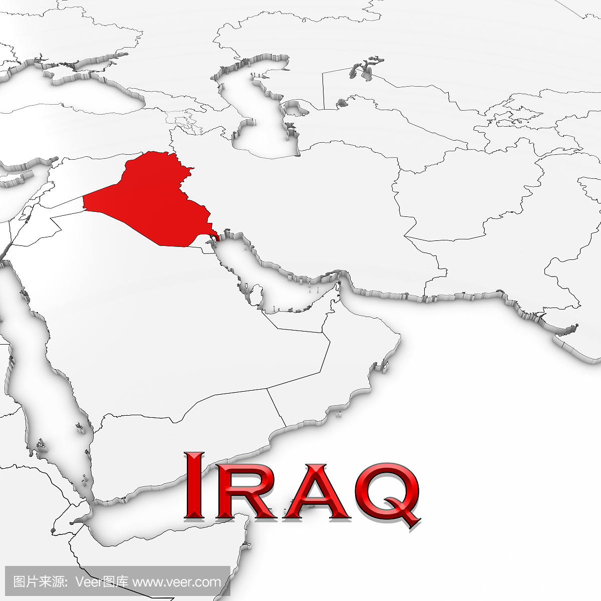 3D地图伊拉克与国家名称突出显示在白色背景