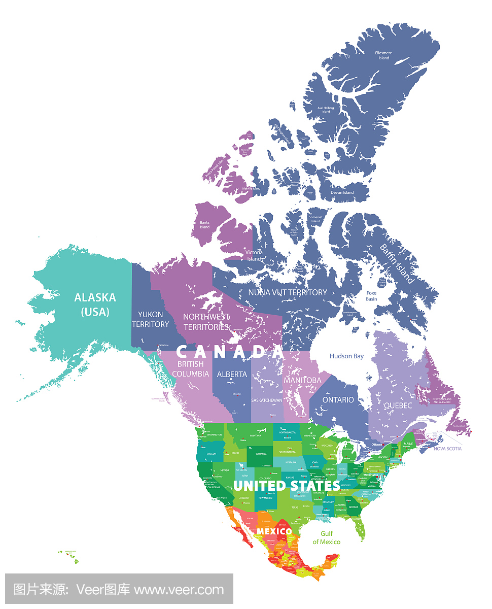 North America high detailed vector map with st