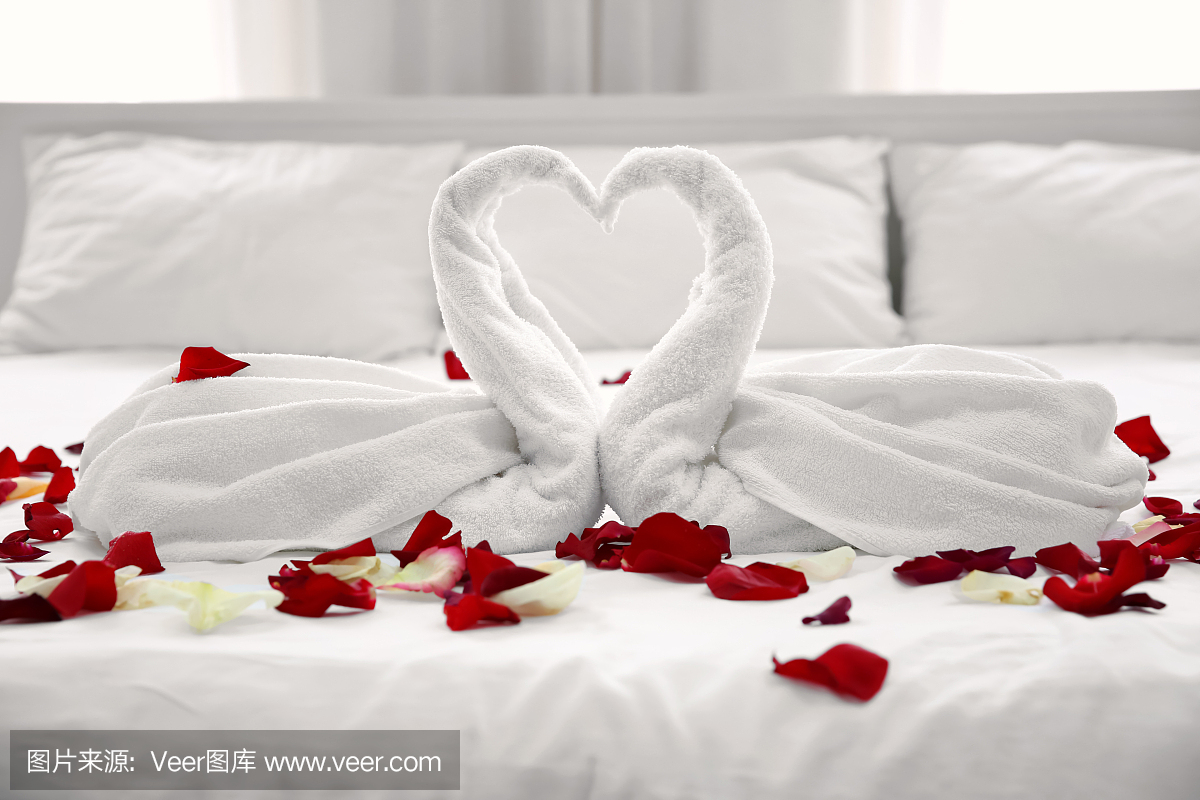 两间毛巾天鹅和玫瑰花瓣放在浅色酒店房间的床